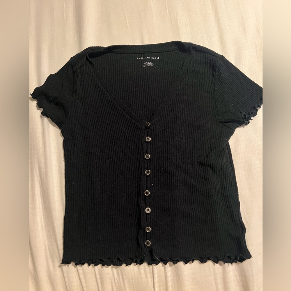 American Eagle Outfitters Black Button-Down Ribbed Top